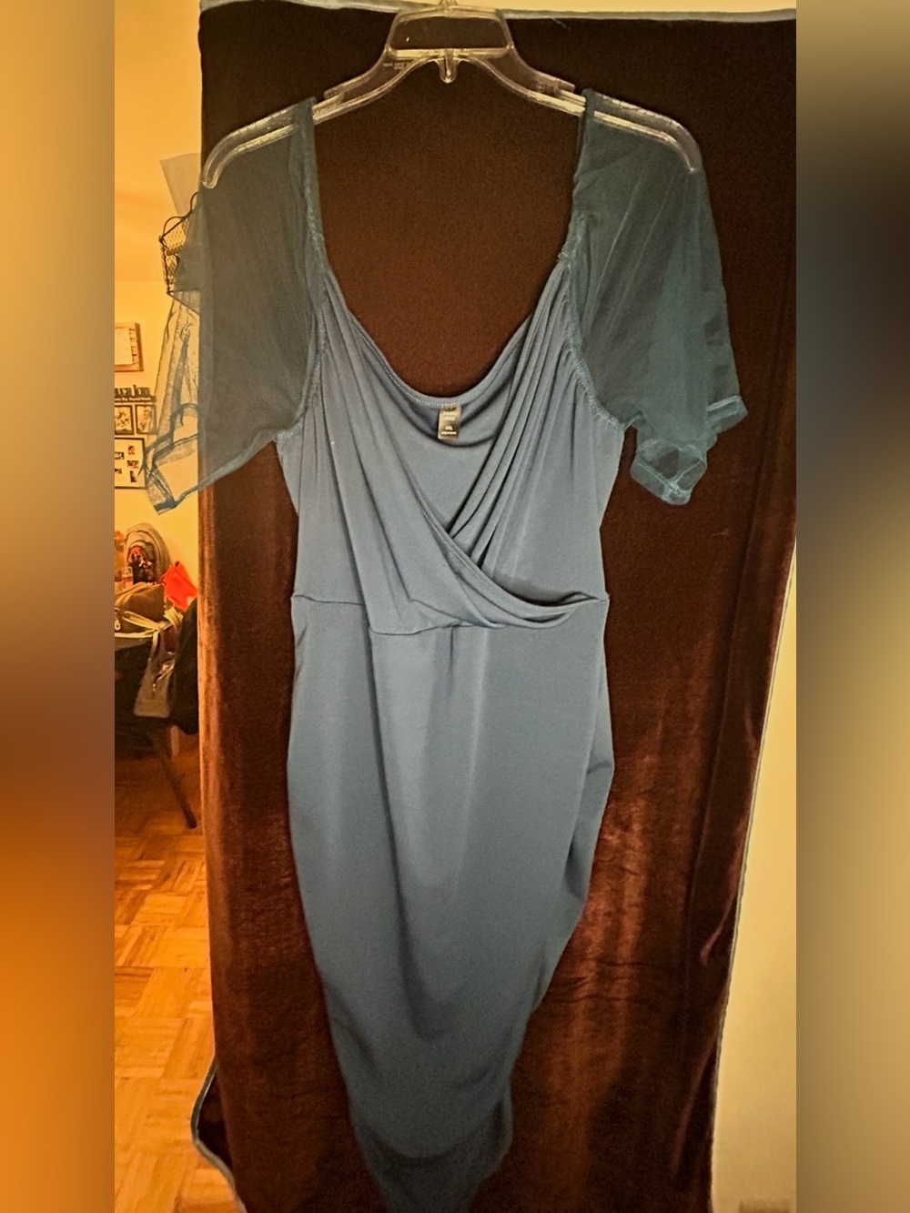 Shein Elegant Teal Ruched Bodycon Dress with Sheer Cap Sleeves - Picture 2 of 3